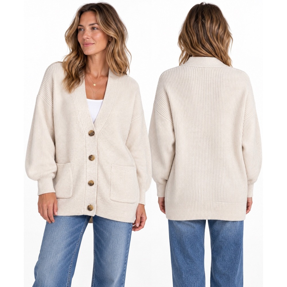Aerie Cardigan Sweater S Cream Ribbed Oversized Button Front Balloon Sleeve Cozy